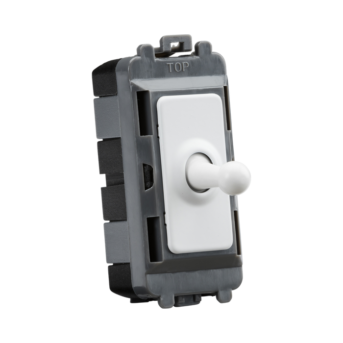 Toggle switch with white knob and gray casing on a white background