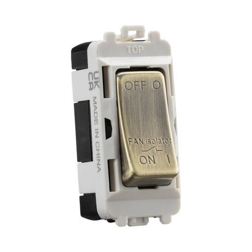 Toggle switch with brass rocker on a white background