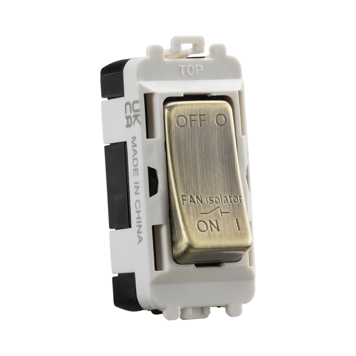 Toggle switch with brass rocker on a white background