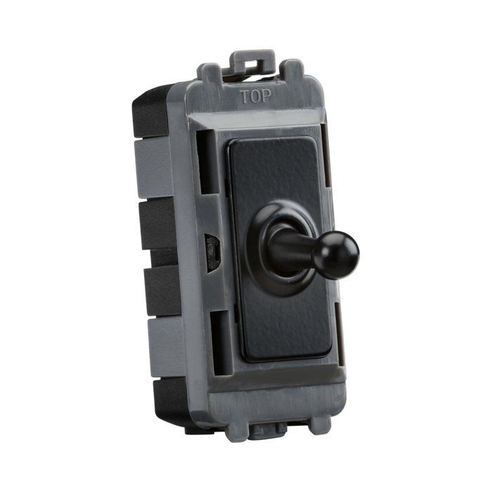 Toggle switch with black knob on a white background