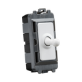 Toggle switch with white knob and gray casing on a white background