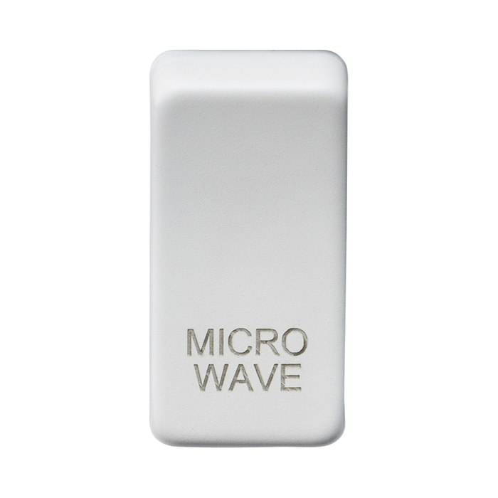 Rectangular white object with 'MICROWAVE' engraving on a white background