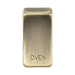 Brass oven door handle with 'OVEN' engraving on a white background