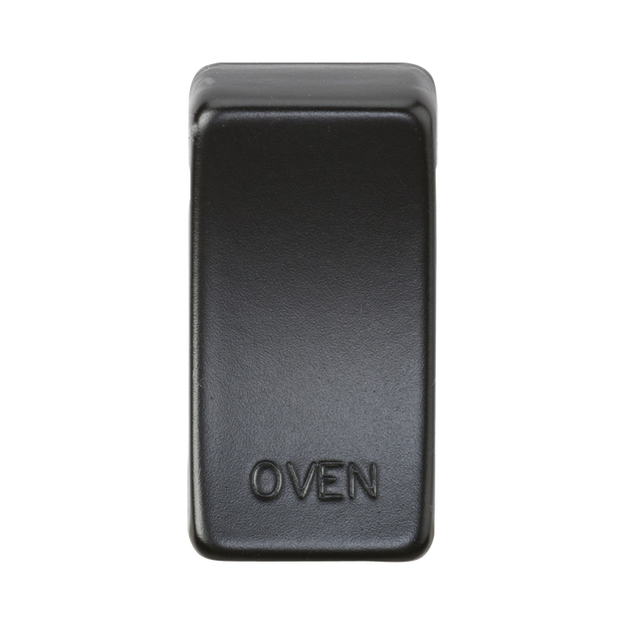 Black oven door handle with 'OVEN' engraving on a white background