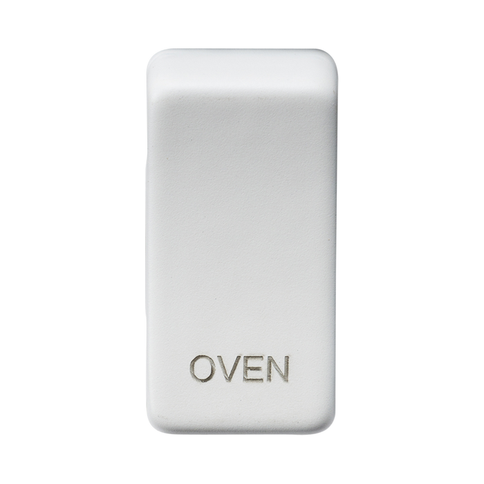 White oven door handle with 'OVEN' engraving on a white background