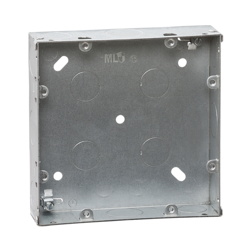 Metal electrical box with multiple mounting holes on a white background