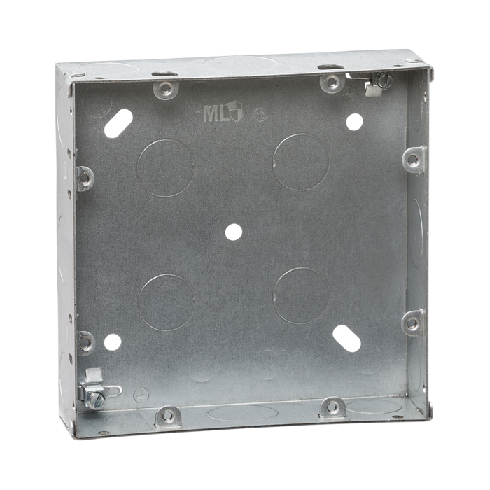 Metal electrical box with multiple mounting holes on a white background