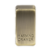 Brass rectangular object with 'Warming Drawer' engraving on a white background