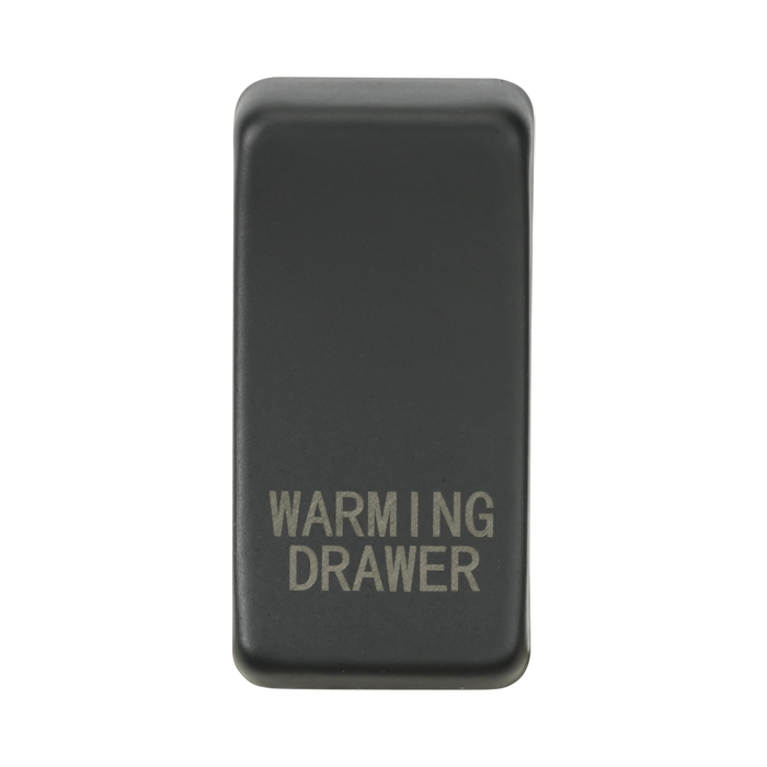 Anthracite rectangular object with 'Warming Drawer' engraving on a white background