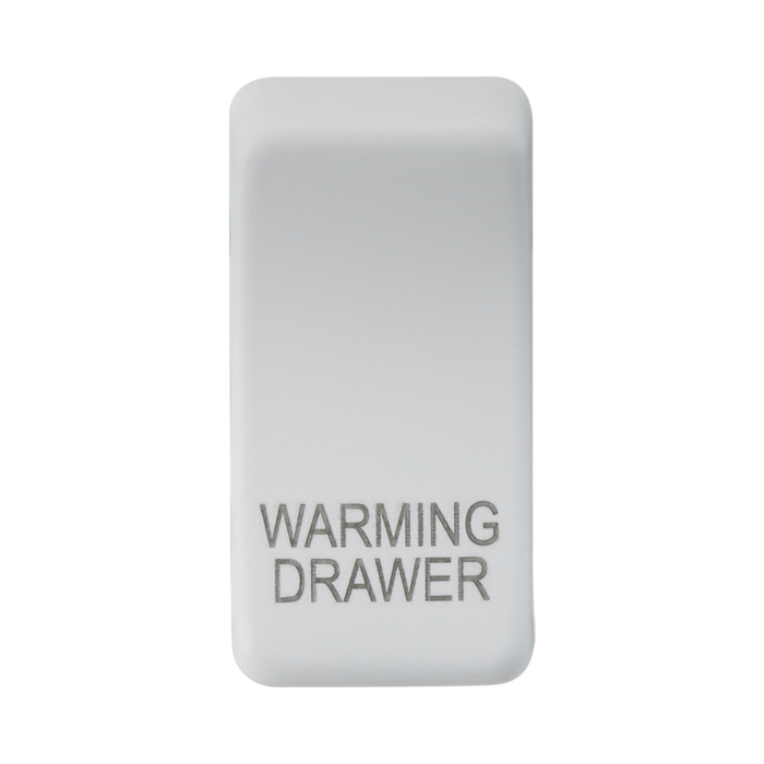 White rectangular object with 'Warming Drawer' engraving on a white background