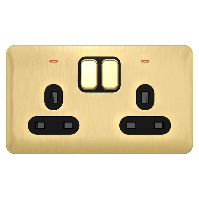 Schneider Lisse Switched Socket 2 Gang & LED, Satin Brass GGBL3021DBSB