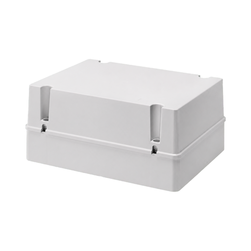 A white plastic junction box with a hinged lid, shown from a three-quarters perspective on a solid white background.
