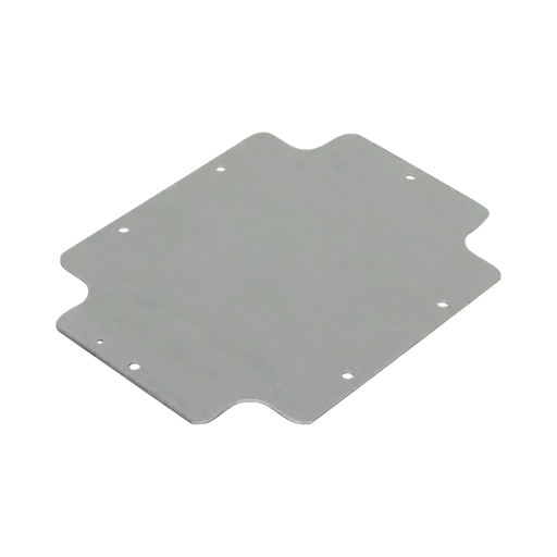 A flat metallic gray mounting plate with four pre-drilled holes and notched, wavy edges, shown on a plain white background.