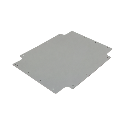 A flat rectangular metal mounting plate with pre-drilled screw holes and notched edges, shown on a plain white background.