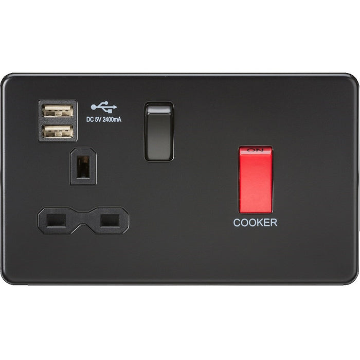 Knightsbridge Screwless Matt Black Cooker Switch with 13A USB Socket SFR8333UMBB
