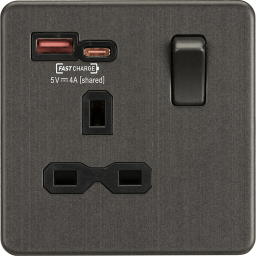 Knightsbridge Screwless Smoked Bronze Single A+C USB Socket SFR9919SB Available from RS Electrical Supplies