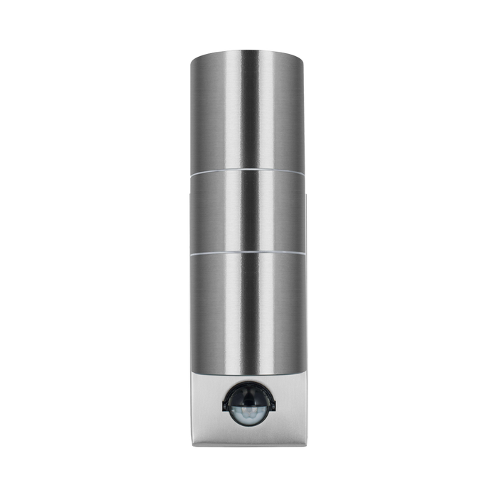 Luceco Azurar brushed stainless steel PIR up-down wall light — front view