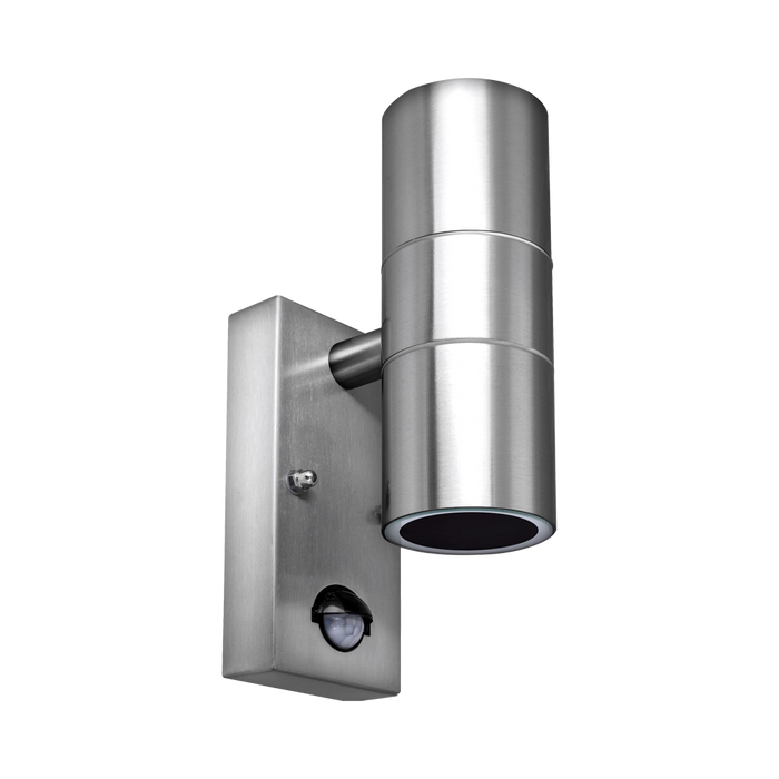 Luceco Azurar brushed stainless steel PIR up-down wall light — angled view