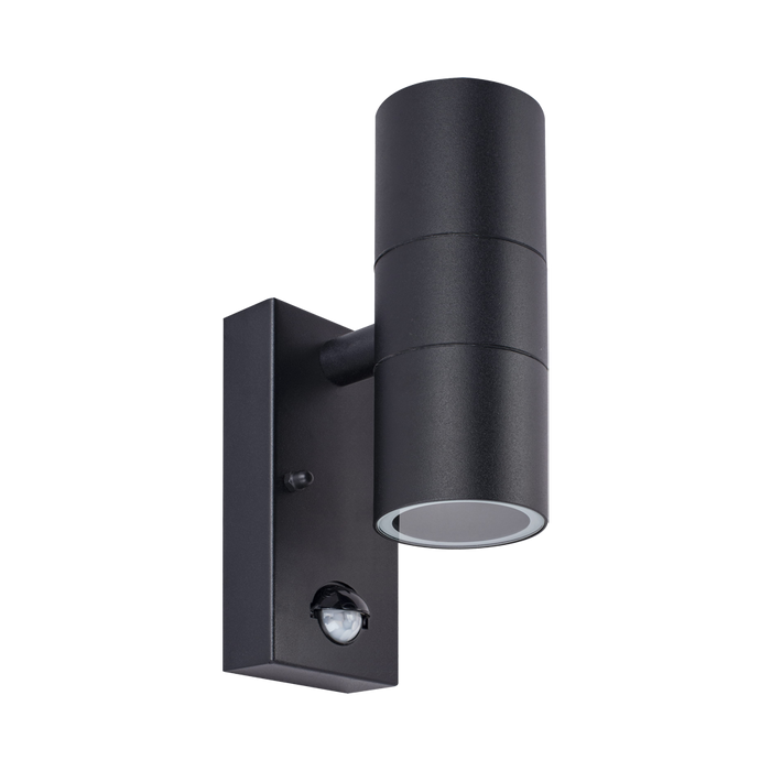 Luceco Azurar black PIR up-down wall light — angled view