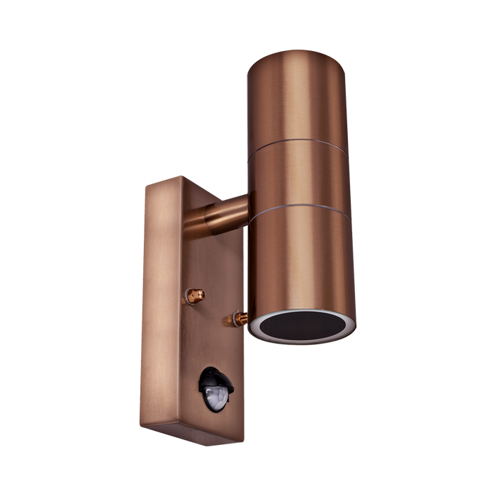 Luceco Azurar antique copper PIR up-down wall light — angled view