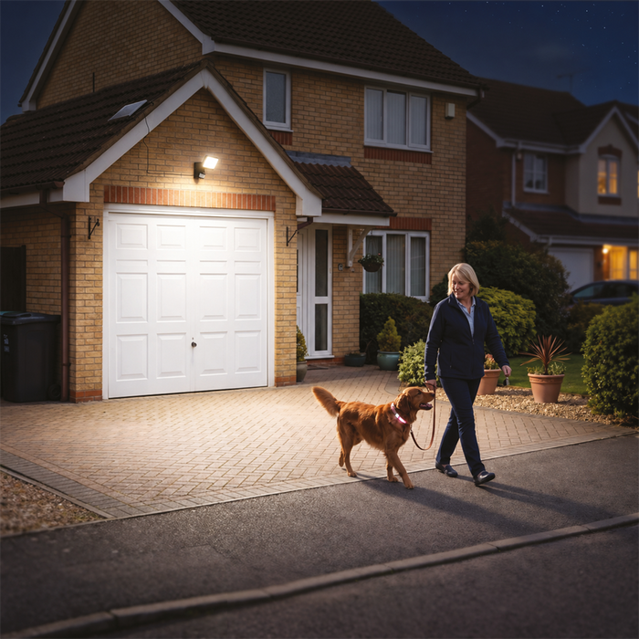 Luceco Solar Hybrid LEXSHYFS10BCC – illuminating a garage and driveway