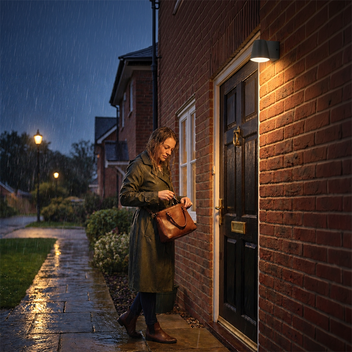 Luceco Solar Hybrid LEXSHYW45CC – illuminating a front doorway at night