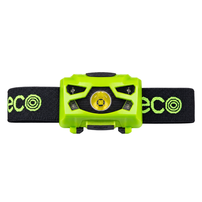 Luceco LILH17P65 rechargeable head torch with black and green headband, front view