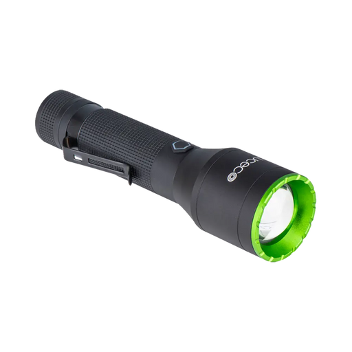 Black flashlight with green accent on a white background