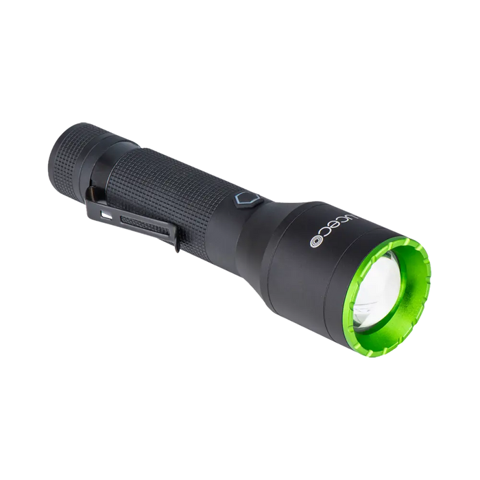 Black flashlight with green accent on a white background