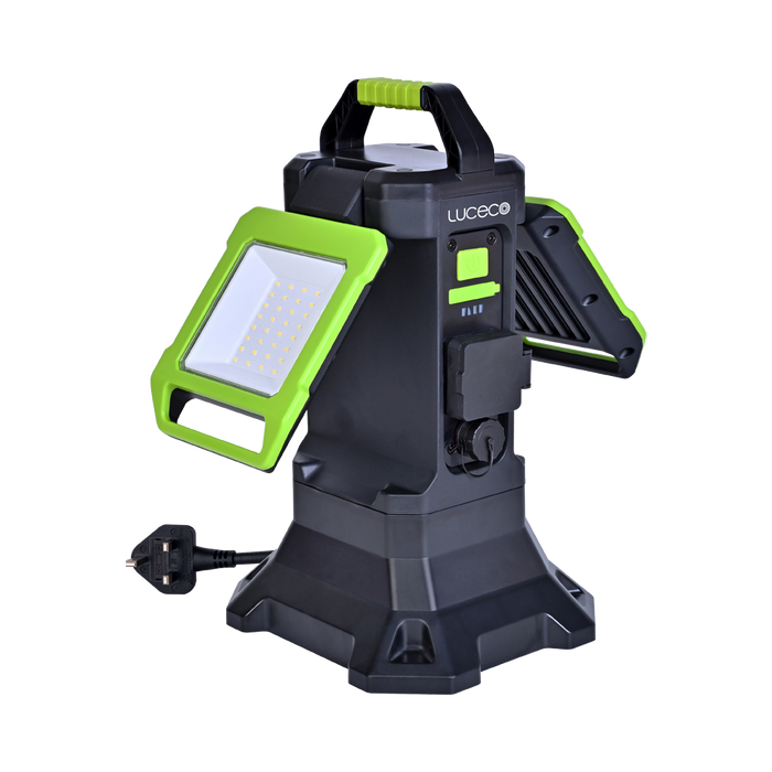 Luceco UniVolt hybrid twin-head work light angled view