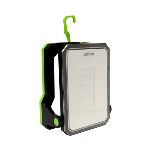 Portable work light with green hook on a white background