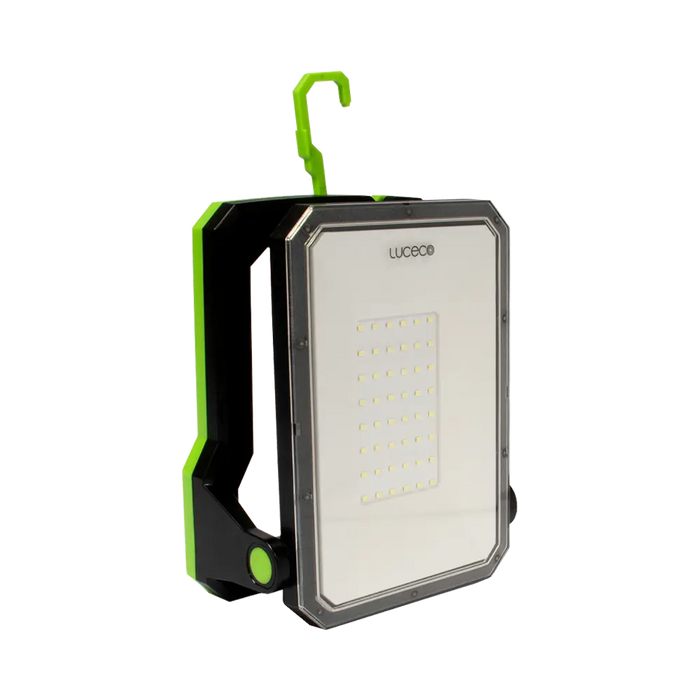 Portable work light with green hook on a white background