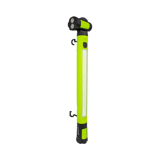 Green and black adjustable work light on a white background