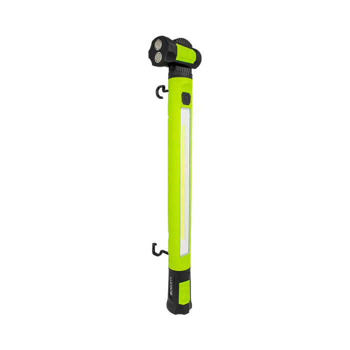 Green and black adjustable work light on a white background