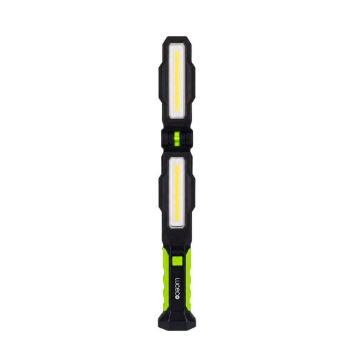 Luceco LILW220G65 folding twin-head inspection torch, front view with both light panels extended