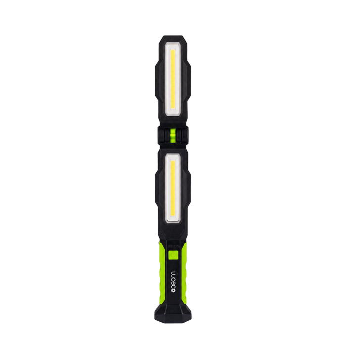 Luceco LILW220G65 folding twin-head inspection torch, front view with both light panels extended