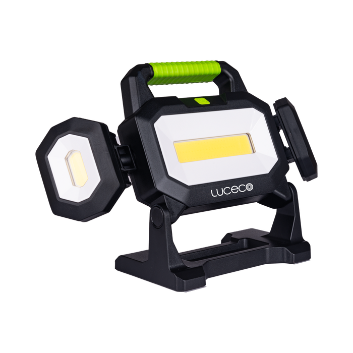 Luceco UniVolt triple-head work light with side panels angled