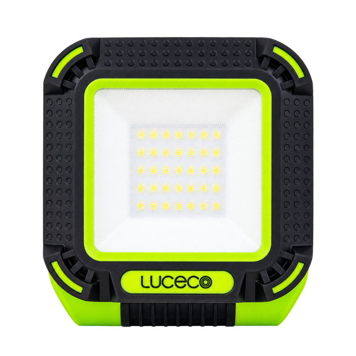 Luceco LWR10G65 work light, black and green, front view