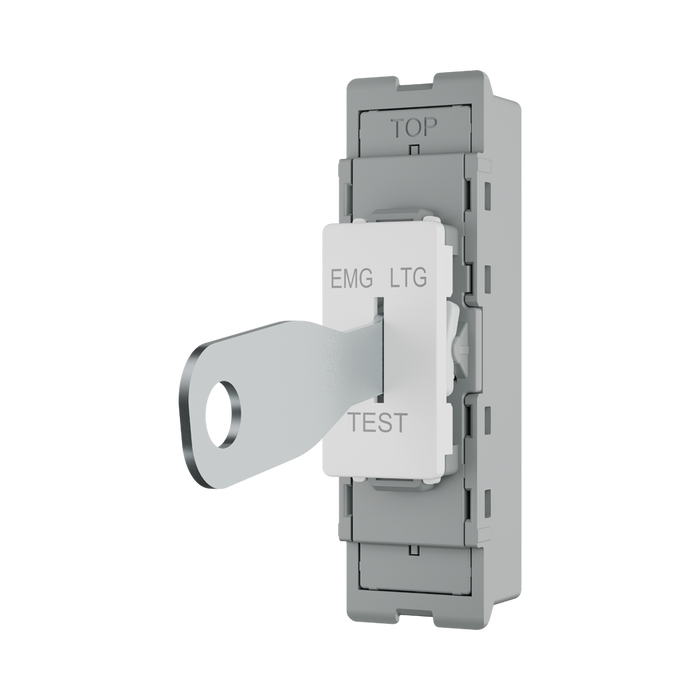 BG GridLite White Moulded White 20A 16AX 2 Way Single Pole Emergency Lighting Test Key Switch Module M12EL – angled view