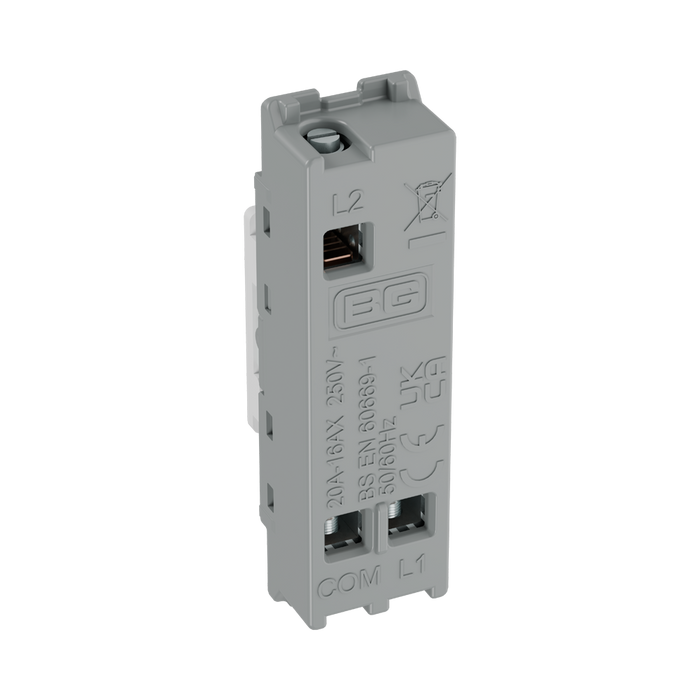 BG GridLite White Moulded White 20A 16AX 2 Way Single Pole Emergency Lighting Test Key Switch Module M12EL – side view