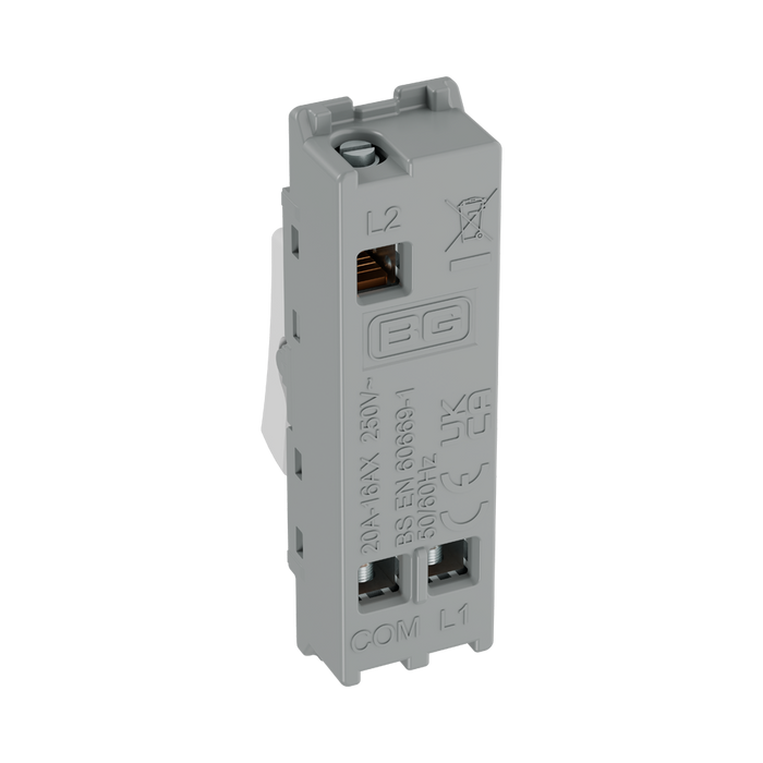BG GridLite White Moulded White 20A 16AX 2 Way Single Pole Switch Module M12 – side view