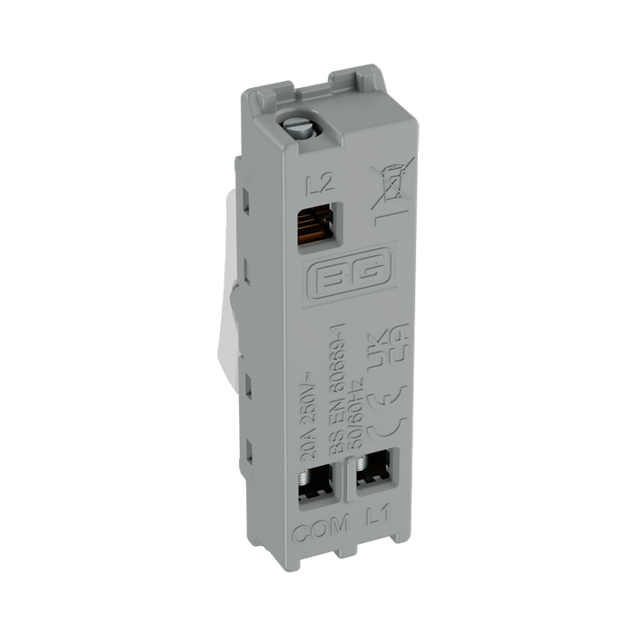 BG GridLite White Moulded White 20A 2 Way Retractive Bell Symbol Switch Module M142BELL – side view