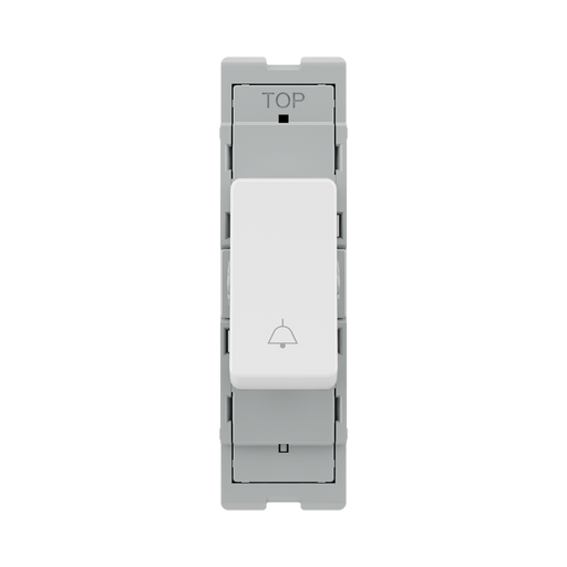 BG GridLite White Moulded White 20A 1 Way Retractive Bell Symbol Switch Module M14BELL – front view