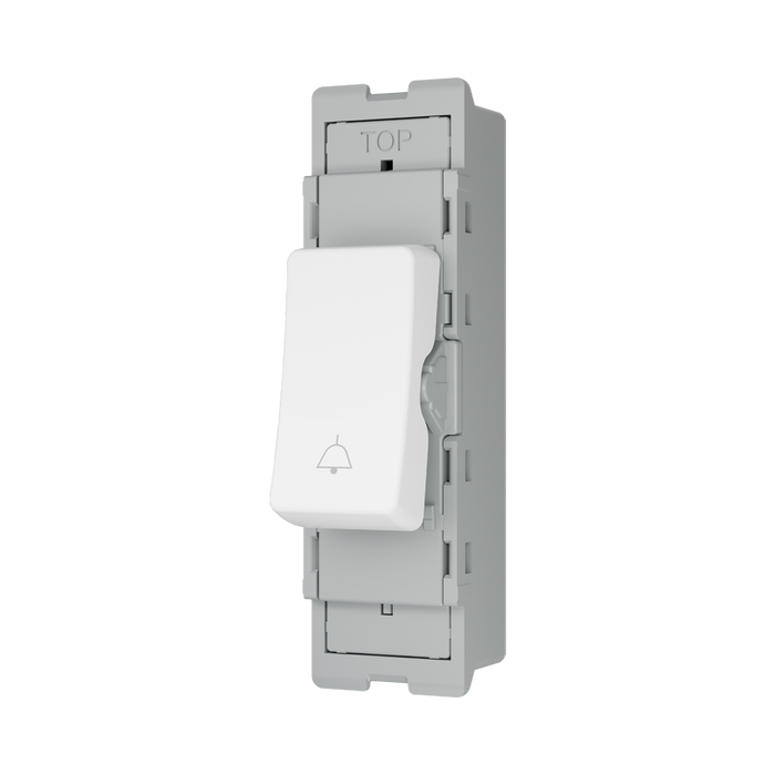 BG GridLite White Moulded White 20A 1 Way Retractive Bell Symbol Switch Module M14BELL – angled view