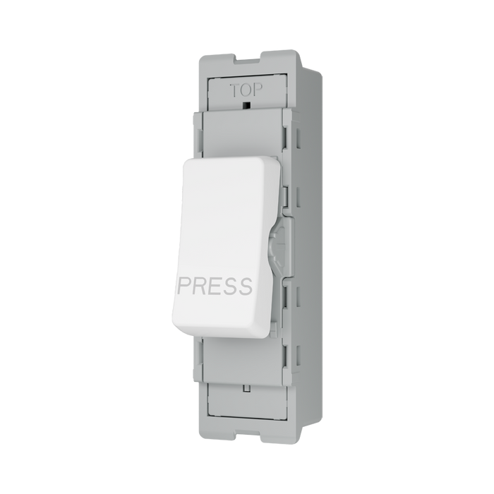 BG GridLite White Moulded White 20A 1 Way Retractive PRESS Switch Module M14PR – angled view
