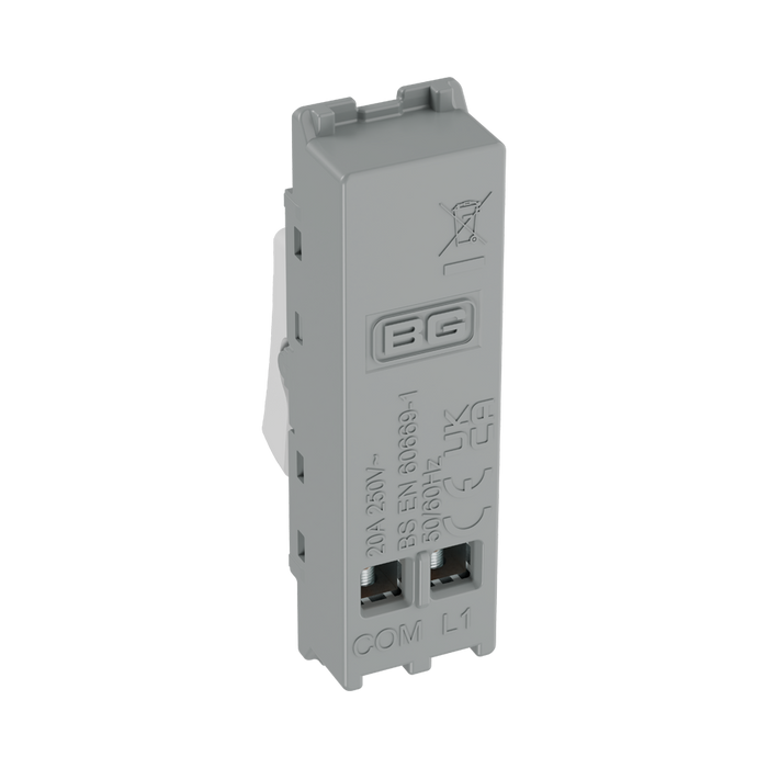 BG GridLite White Moulded White 20A 1 Way Retractive PRESS Switch Module M14PR – side view