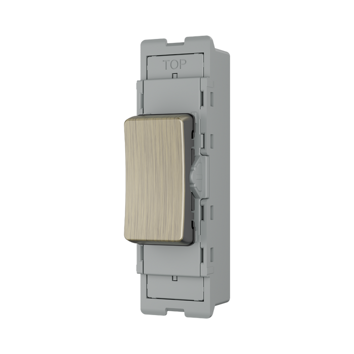 BG GridLite Antique Brass 20A 2 Way Single Pole Centre-Off Switch Module MAB12C – angled view