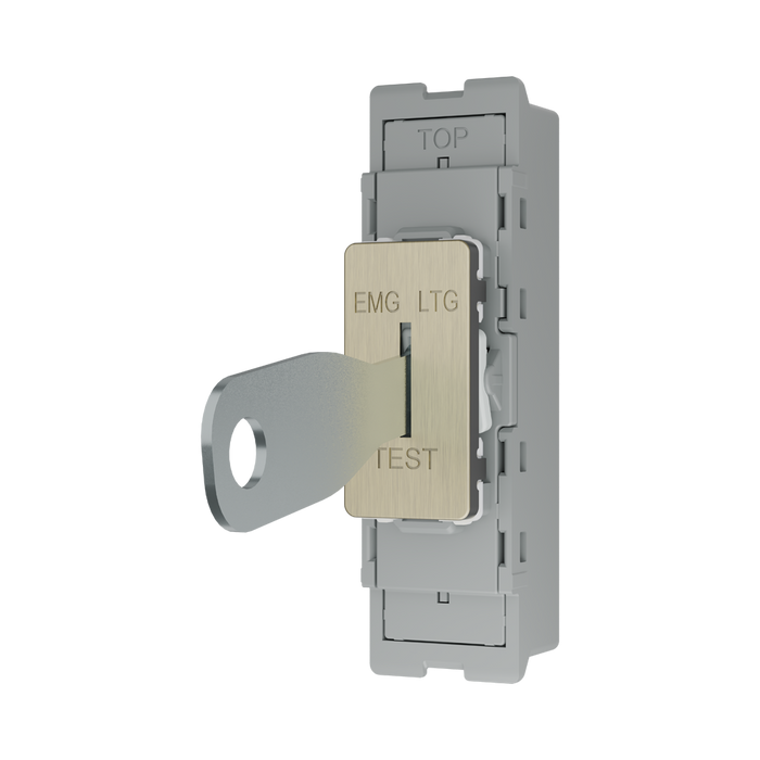 BG GridLite Antique Brass 20A 16AX 2 Way Single Pole Emergency Lighting Test Key Switch Module MAB12EL – angled view