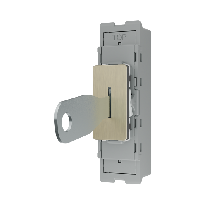 BG GridLite Antique Brass 20A 16AX 2 Way Single Pole Key Switch Module MAB12KY – angled view