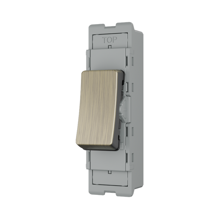BG GridLite Antique Brass 20A 16AX 2 Way Single Pole Switch Module MAB12 – angled view